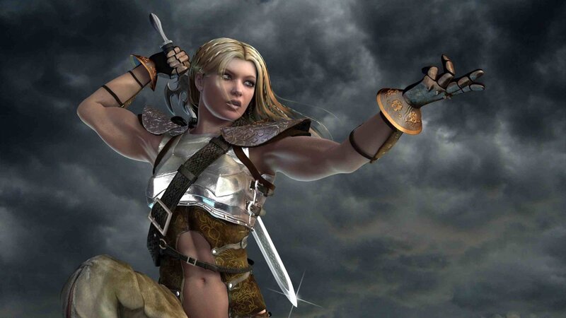 Female Warrior with Sword — Gray, Dramatic, 3d Render, Armor, Cloudy Sky