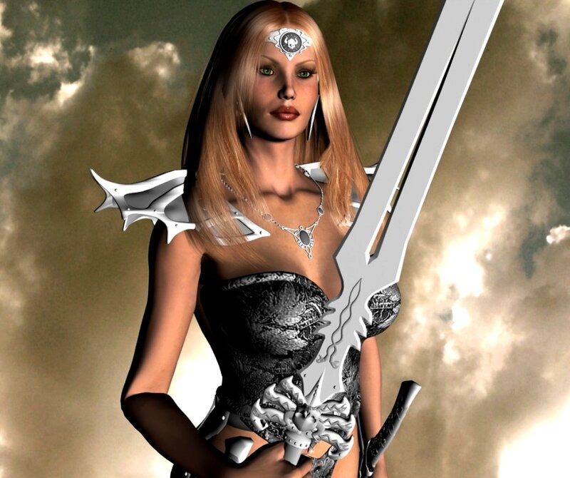 Female Warrior with Sword — Gray, Dramatic, 3d Render, Armor