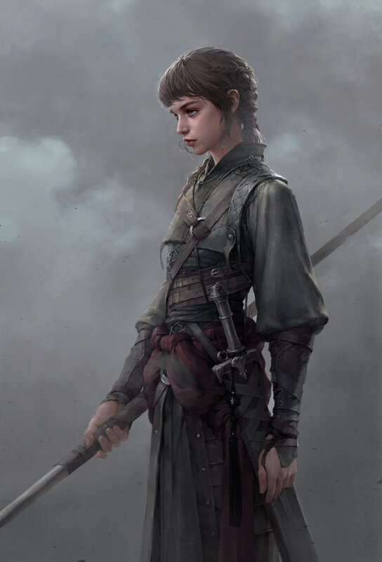 Female Warrior with Sword — Gray, Dramatic, Digital Art, Armor, Braided Hair