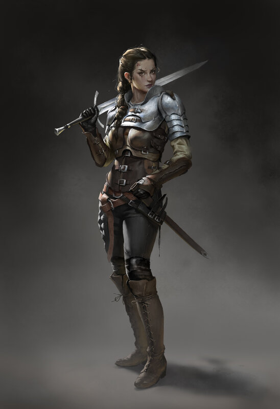 Female Warrior with Sword — Gray, Dramatic, Digital Art, Armor, Brass Goggles