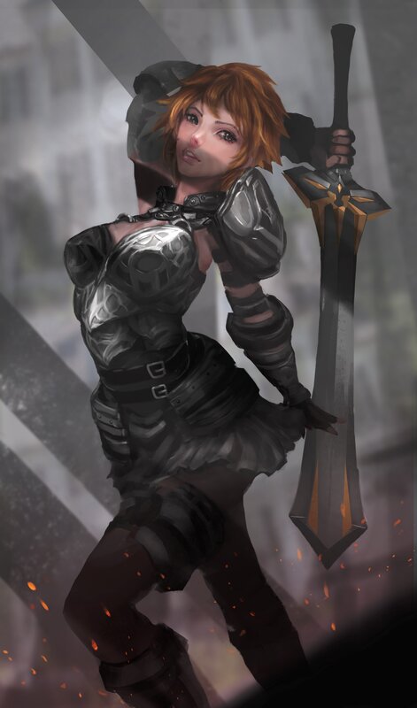 Female Warrior with Sword — Gray, Dramatic, Digital Art, Armor, Sparks