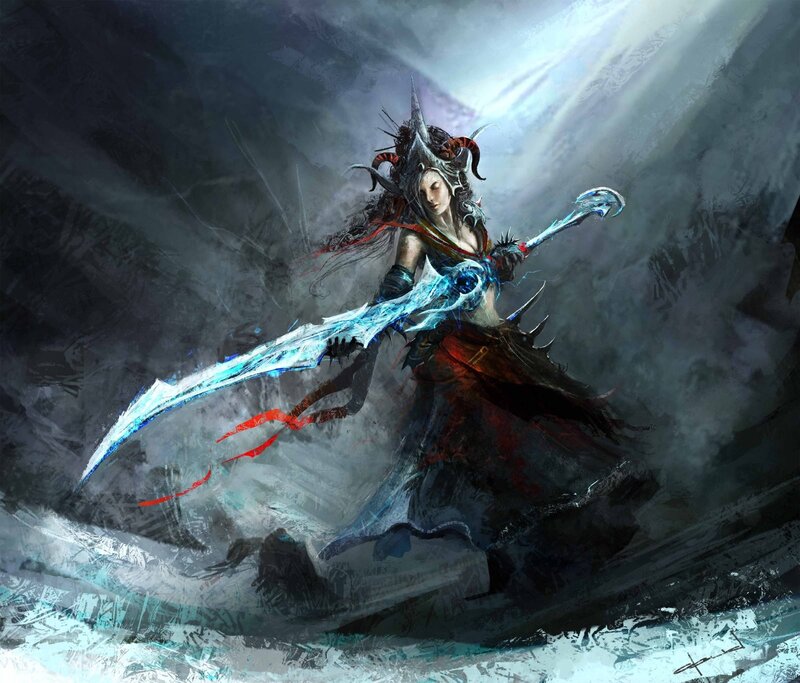 Female Warrior with Sword — Gray, Dramatic, Digital Art, Armor, Storm
