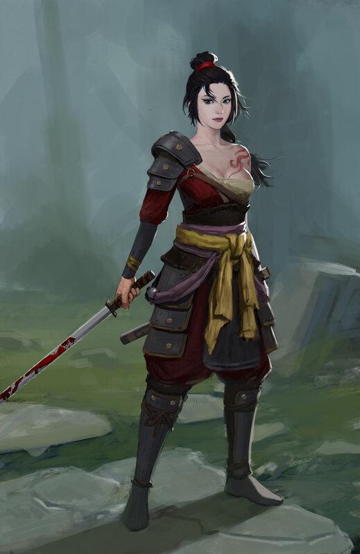 Female Warrior with Sword — Gray, Dramatic, Digital Art, Armor, Tattoo
