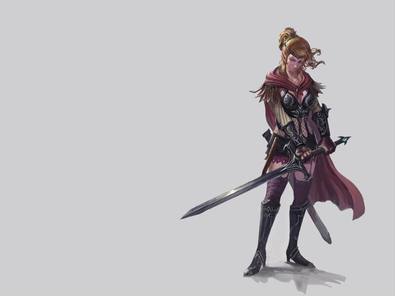 Female Warrior with Sword — Gray, Dramatic, Digital Art, Cape