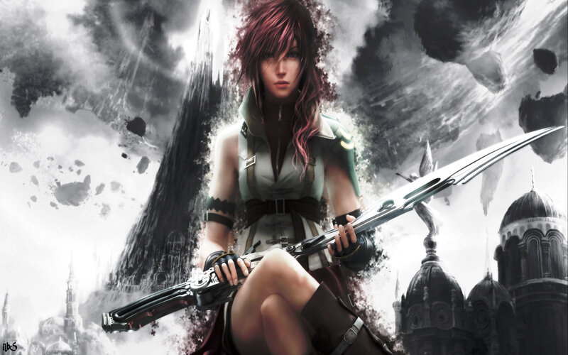 Female Warrior with Sword — Gray, Dramatic, Digital Art, City Ruins