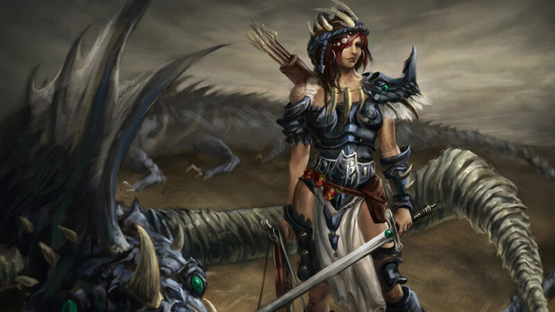 Female Warrior with Sword — Gray, Dramatic, Digital Art, Dragon, Armor