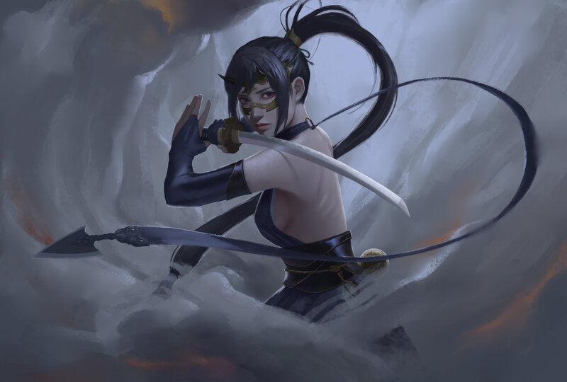 Female Warrior with Sword — Gray, Dramatic, Digital Art, Mask
