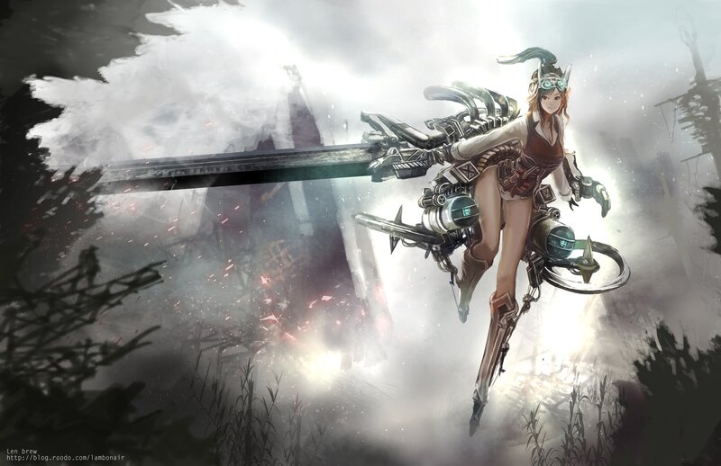 Female Warrior with Sword — Gray, Dramatic, Digital Art, Mechanical Gear