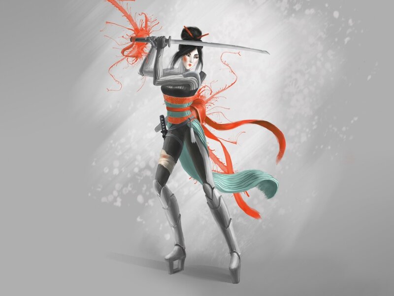 Female Warrior with Sword — Gray, Dramatic, Digital Art, Ribbon