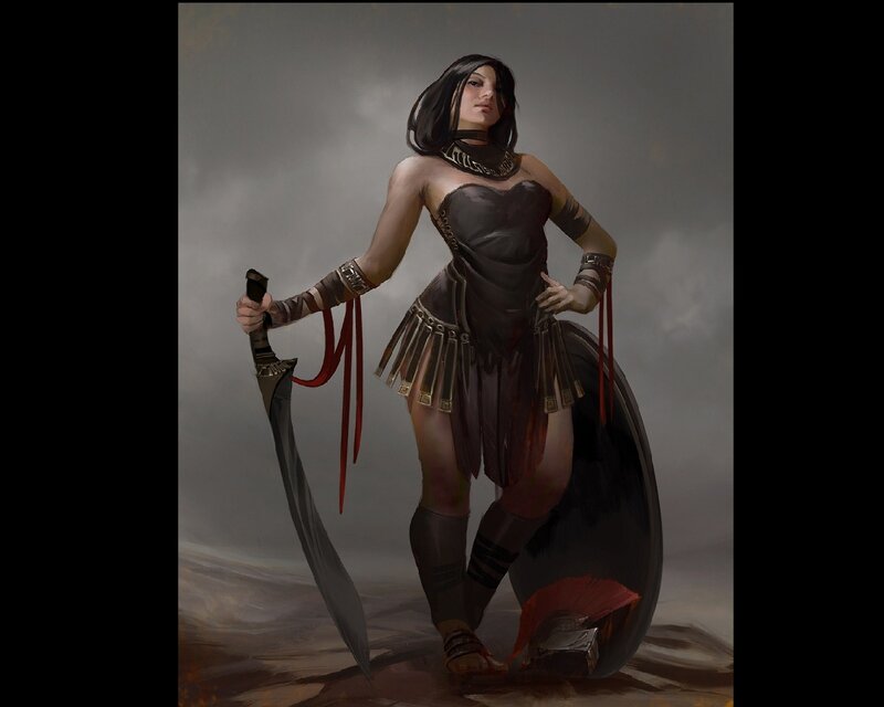 Female Warrior with Sword — Gray, Dramatic, Digital Art, Shield, Armor