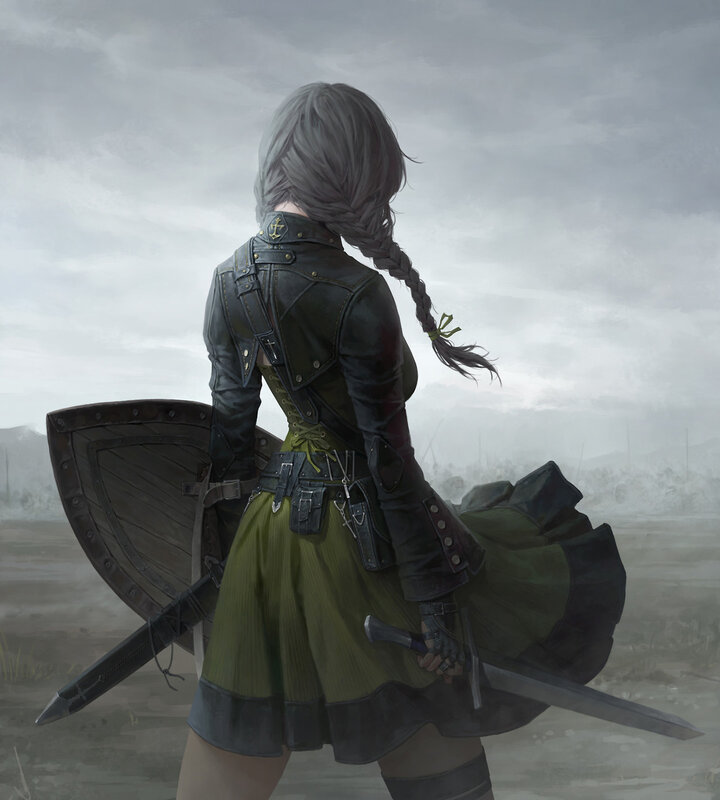 Female Warrior with Sword — Gray, Dramatic, Digital Art, Shield, Braid