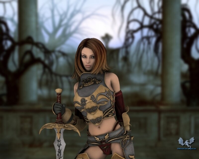 Female Warrior with Sword — Gray, Dramatic, Night, 3d Render, Armor