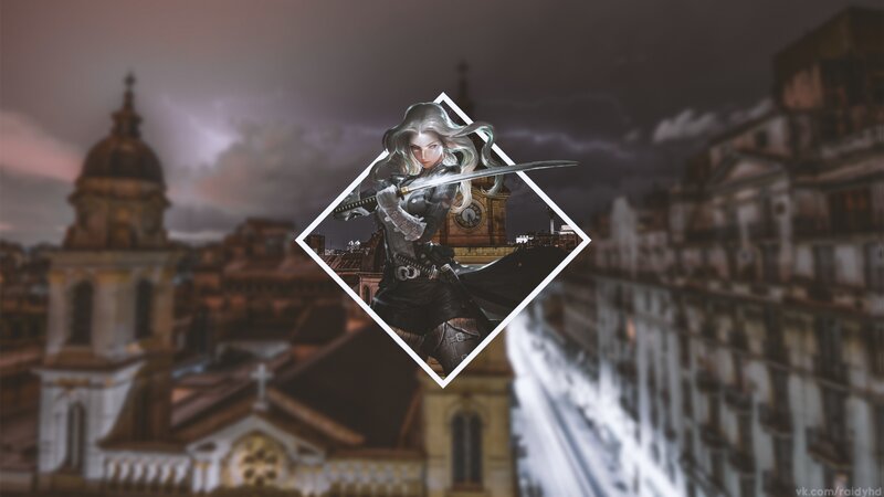 Female Warrior with Sword — Gray, Dramatic, Night, Digital Art, Cityscape