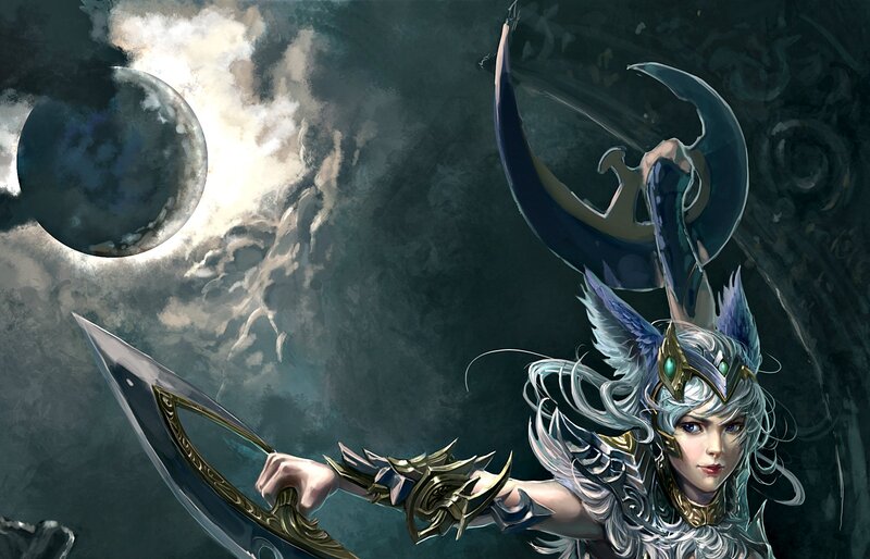 Female Warrior with Sword — Gray, Dramatic, Night, Digital Art, Moon