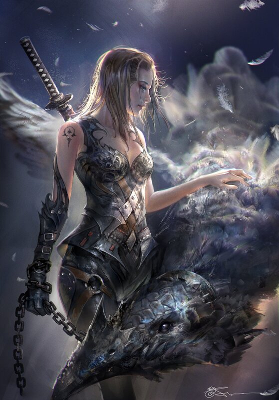 Female Warrior with Sword — Gray, Dramatic, Night, Digital Art, Wings