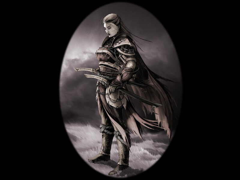 Female Warrior with Sword — Gray, Dramatic