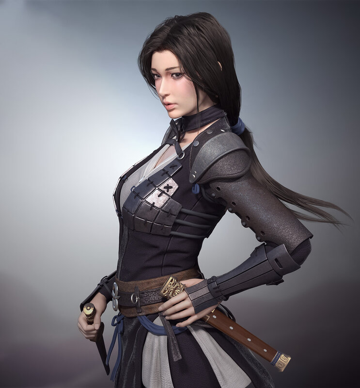 Female Warrior with Sword — Gray, Serious, 3d Render, Armor