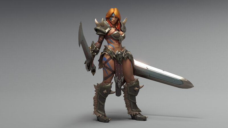 Female Warrior with Sword — Gray, Serious, 3d Render