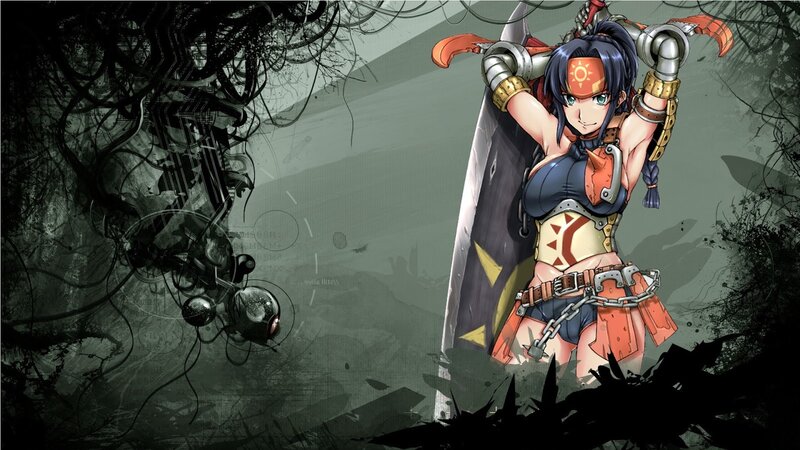 Female Warrior with Sword — Green, Dramatic, Anime, Armor, Mechanical Debris