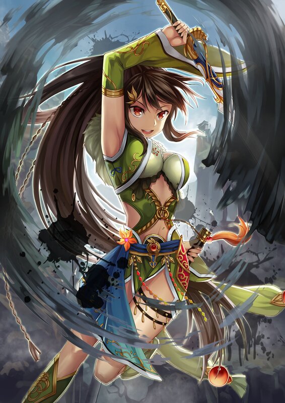 Female Warrior with Sword — Green, Dramatic, Anime, Long Hair