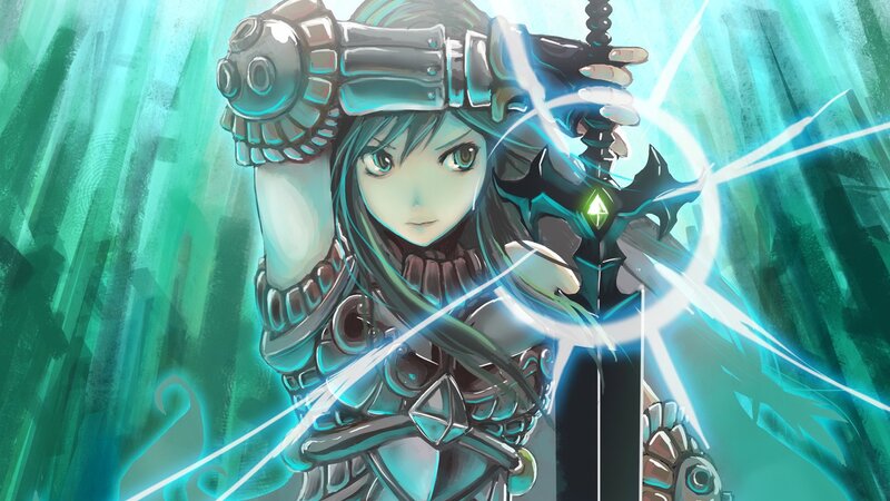 Female Warrior with Sword — Green, Dramatic, Anime