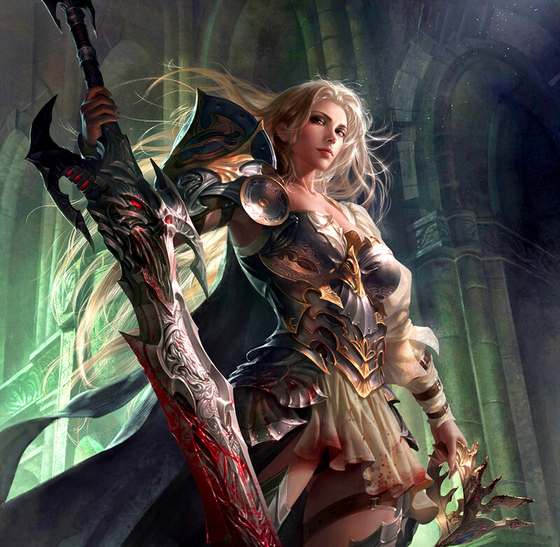 Female Warrior with Sword — Green, Dramatic, Digital Art, Armor, Castle