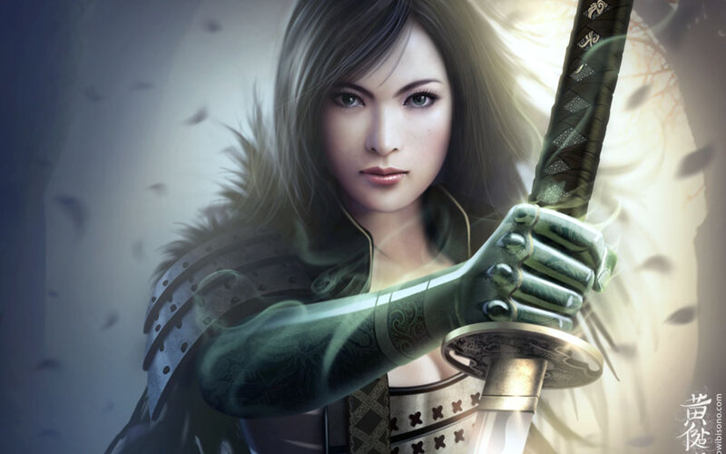Female Warrior with Sword — Green, Dramatic, Digital Art, Armor, Feathers
