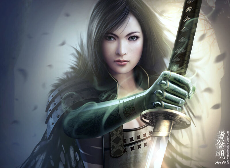 Female Warrior with Sword — Green, Dramatic, Digital Art, Armor, Feathers, White, Black