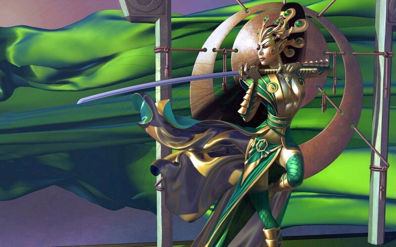 Female Warrior with Sword — Green, Dramatic, Digital Art, Armor, Green Fabric, Gold, Purple