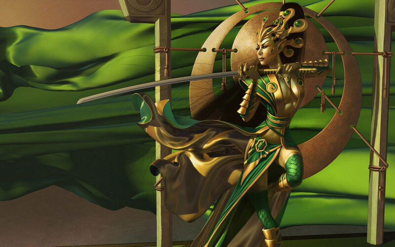 Female Warrior with Sword — Green, Dramatic, Digital Art, Armor, Green Fabric, Gold