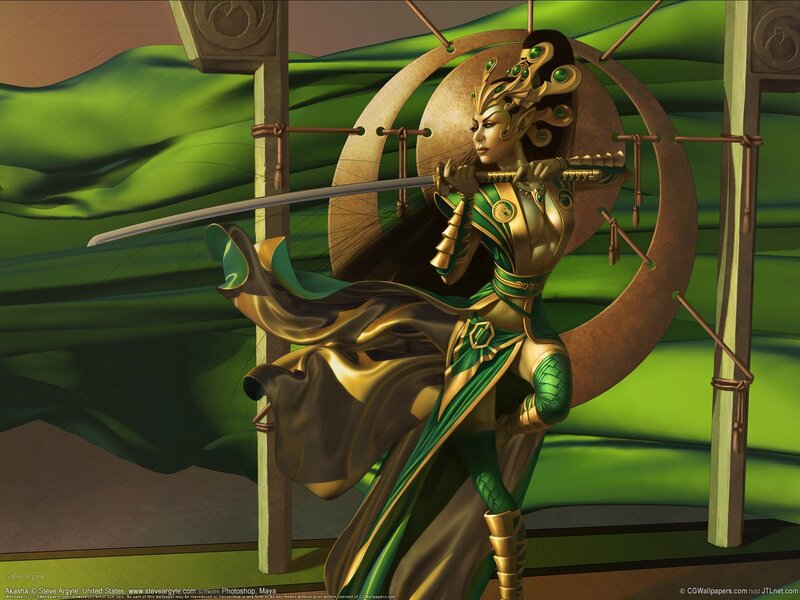 Female Warrior with Sword — Green, Dramatic, Digital Art, Armor, Green Fabric