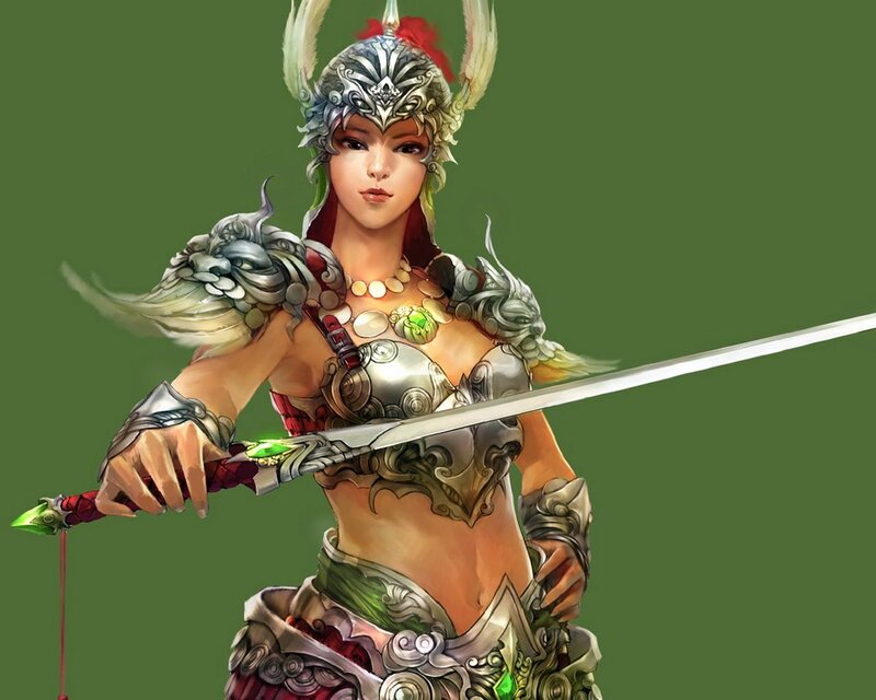 Female Warrior with Sword — Green, Dramatic, Digital Art, Armor, Helmet