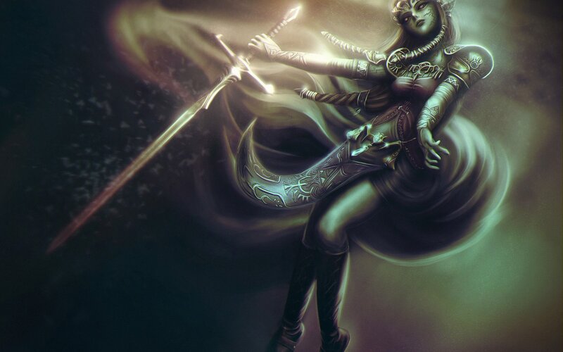 Female Warrior with Sword — Green, Dramatic, Digital Art, Armor, Skirt