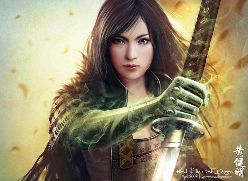 Female Warrior with Sword — Green, Dramatic, Digital Art, Armor, Smoke