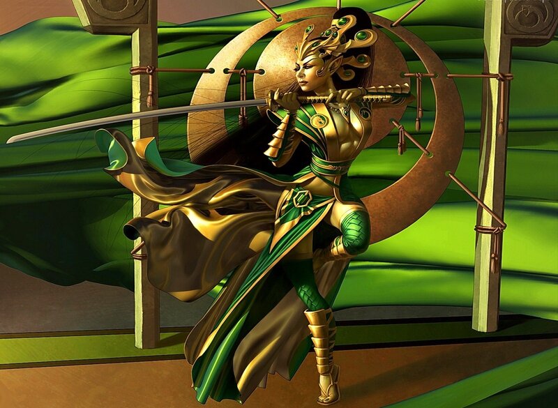 Female Warrior with Sword — Green, Dramatic, Digital Art, Armor