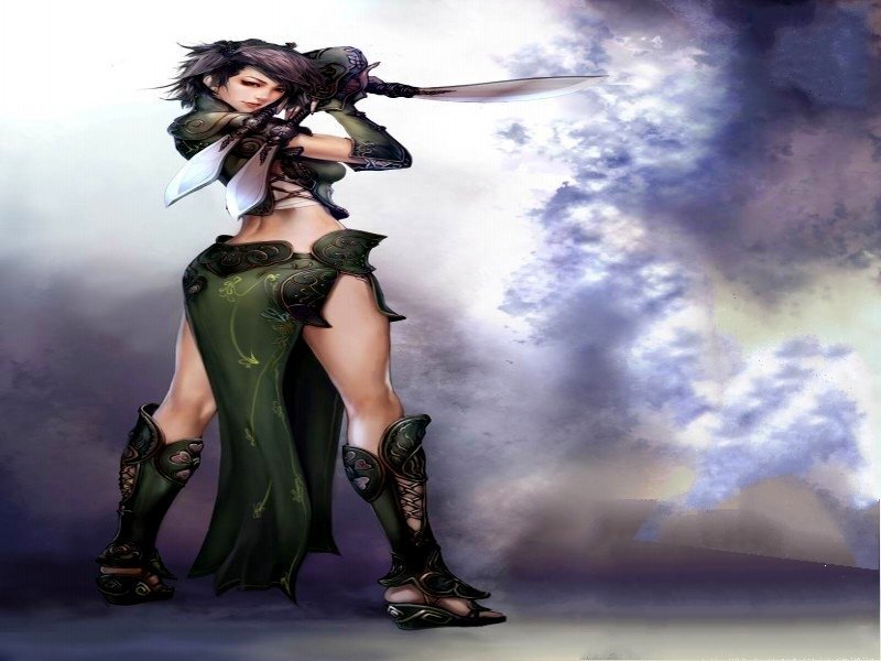 Female Warrior with Sword — Green, Dramatic, Digital Art, Clouds