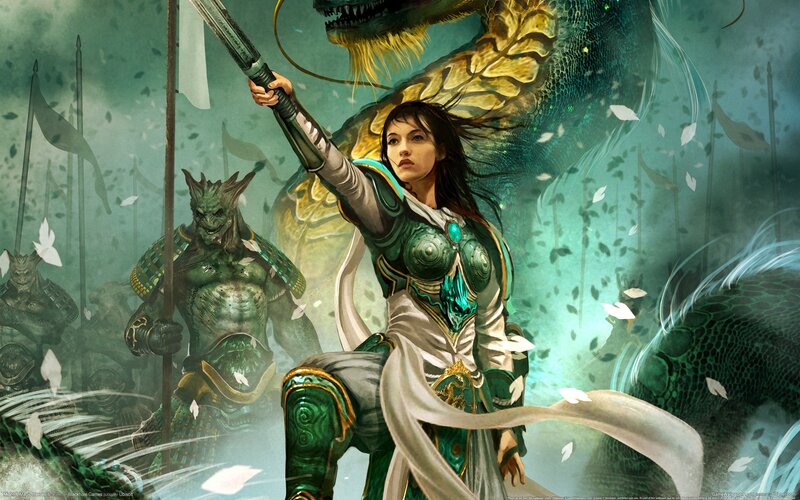 Female Warrior with Sword — Green, Dramatic, Digital Art, Dragon, Soldiers