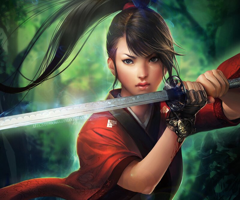 Female Warrior with Sword — Green, Dramatic, Digital Art, Forest