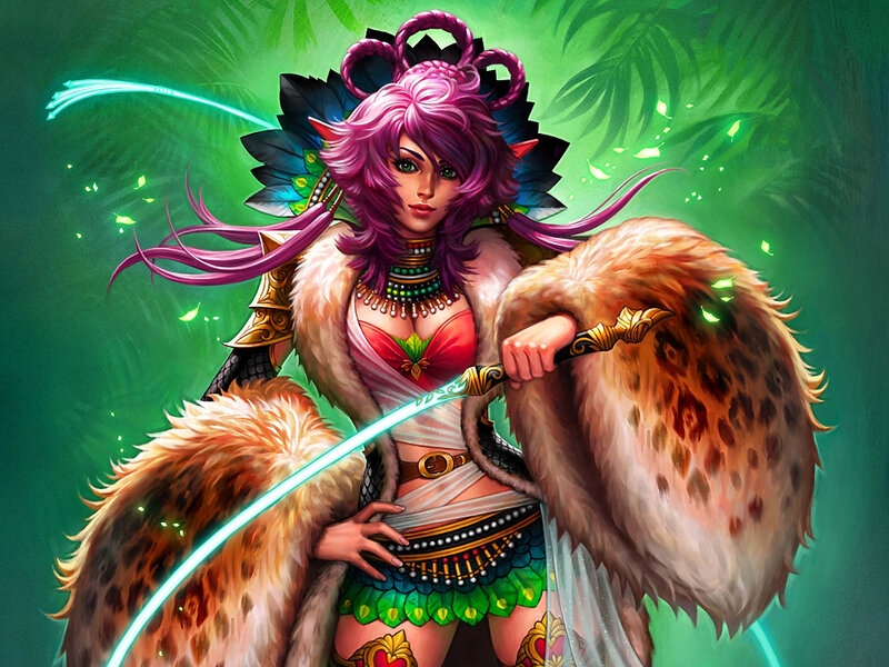 Female Warrior with Sword — Green, Dramatic, Digital Art, Fur Cloak
