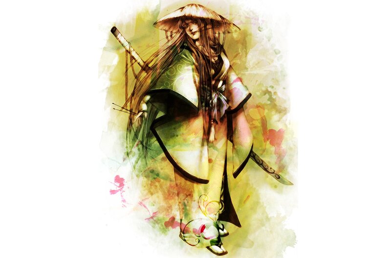 Female Warrior with Sword — Green, Dramatic, Digital Art, Kimono