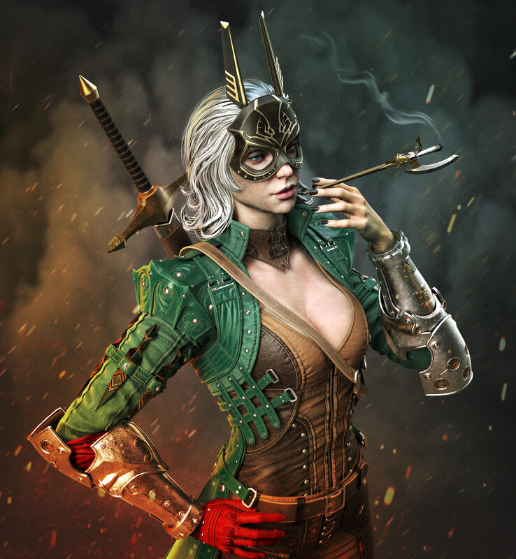 Female Warrior with Sword — Green, Dramatic, Digital Art, Mask
