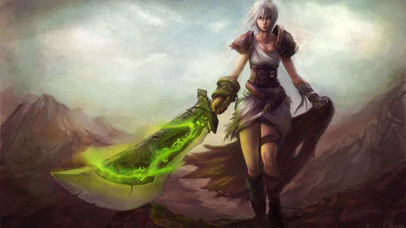 Female Warrior with Sword — Green, Dramatic, Digital Art, Mountains, Armor