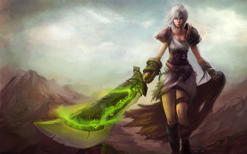 Female Warrior with Sword — Green, Dramatic, Digital Art, Mountains, Clouds