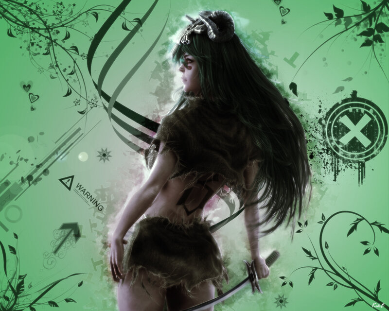 Female Warrior with Sword — Green, Dramatic, Digital Art, Ram Horns