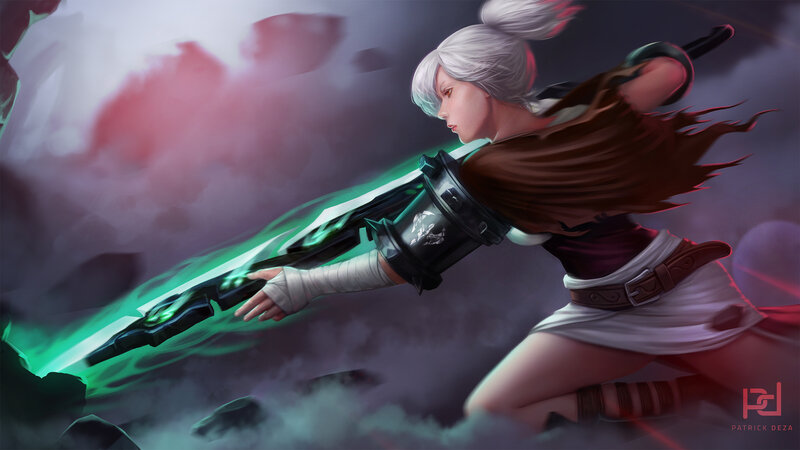 Female Warrior with Sword — Green, Dramatic, Digital Art, Smoke