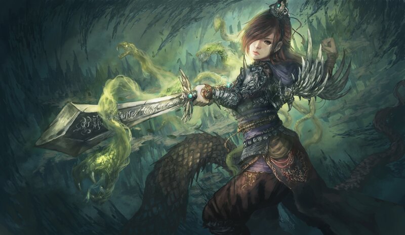 Female Warrior with Sword — Green, Dramatic, Digital Art, Snakes