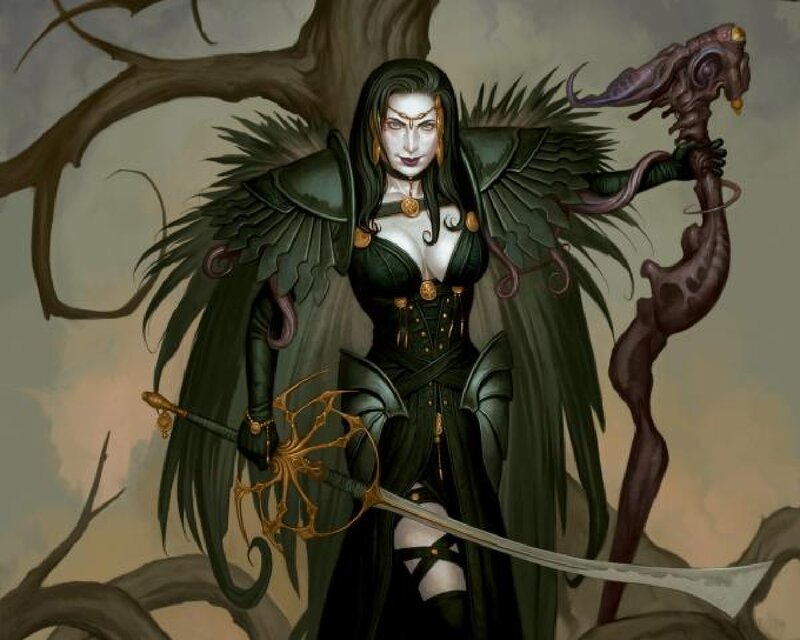 Female Warrior with Sword — Green, Dramatic, Digital Art, Staff