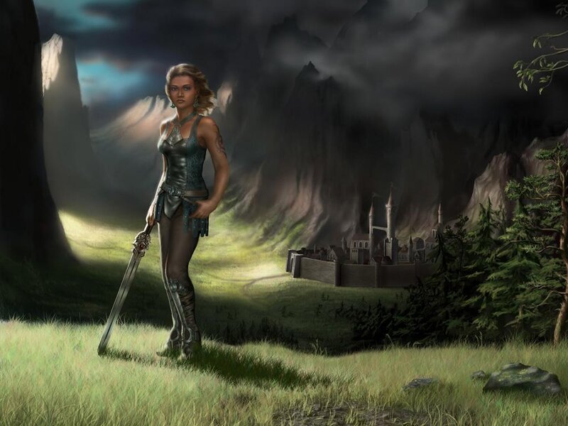 Female Warrior with Sword — Green, Dramatic, Night, Digital Art, Castle