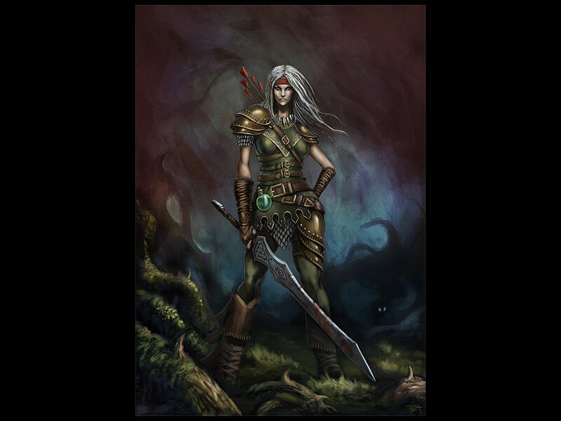 Female Warrior with Sword — Green, Dramatic