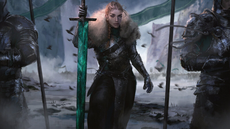Female Warrior with Sword — Green, Dramatic, Winter
